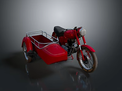 Vintage Red Motorcycle With Open Sidecar And Shiny Chrome Details On Dark Backdrop 3d model