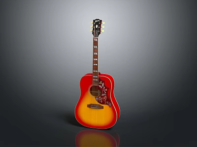 Acoustic Guitar With Red Yellow Gradient Finish And Floral Decorative Inlays 3d model