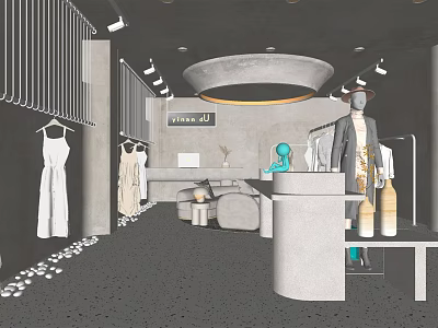 Modern Clothing Store Interior With Hanging Clothes Mannequins And Checkout Counter 3d model