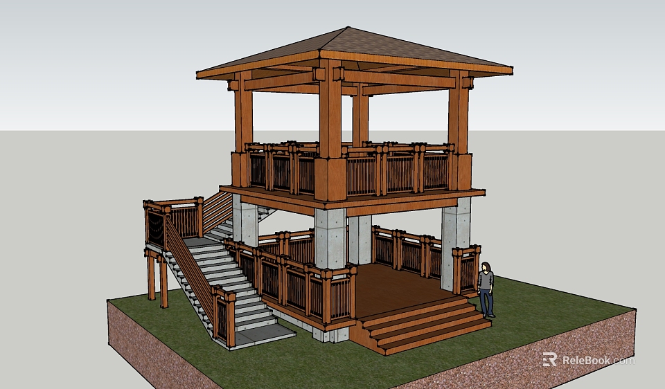 Two Story Wooden Pavilion With Stairs Railings And Stone Pillar Supports On Grass Platform 3d model 