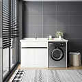 Bathroom Vanity Cabinet with Washing Machine White Countertop Sink Faucet Toiletries and Potted Plant