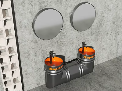 Industrial Style Washbasin with Two Round Mirrors Metal Pipe and Orange Accents 3d model