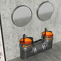 Industrial Style Washbasin with Two Round Mirrors Metal Pipe and Orange Accents