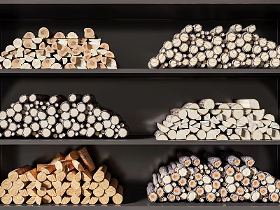 Various Types of Wood Neatly Stacked on Black Shelves Organized Storage 3d model