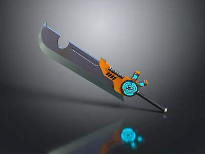 Mechanical Sword Design With Orange Handle Blue Glowing Element And Curved Blade 3d model