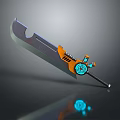 Mechanical Sword Design With Orange Handle Blue Glowing Element And Curved Blade