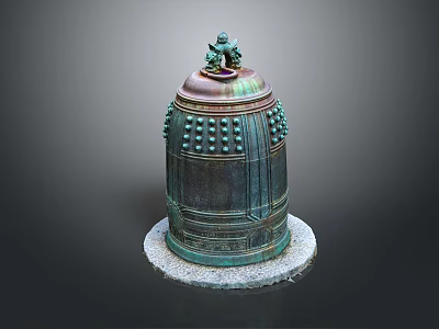 Bronze Bell Shaped Decorative Ornament Set with Small Animal Top Embossed Dots and Stone Base 3d model