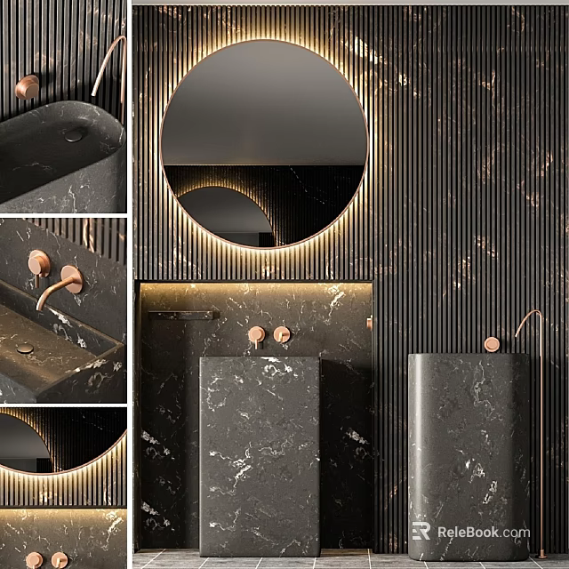 Modern Black Marble Bathroom Vanity With Round Mirror Brass Faucet And LED Lighting 3d model 