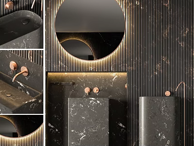 Modern Black Marble Bathroom Vanity With Round Mirror Brass Faucet And LED Lighting 3d model