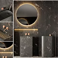 Modern Black Marble Bathroom Vanity With Round Mirror Brass Faucet And LED Lighting