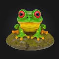 Green Aquatic Frog Sculpture Featuring Red Eyes Yellow Belly Orange Feet On Mossy Stone Base