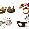 Decorative Ornaments Crowns Headbands Rings Headdresses And Peacock Masks With Gems Pearls And Colorful Accents