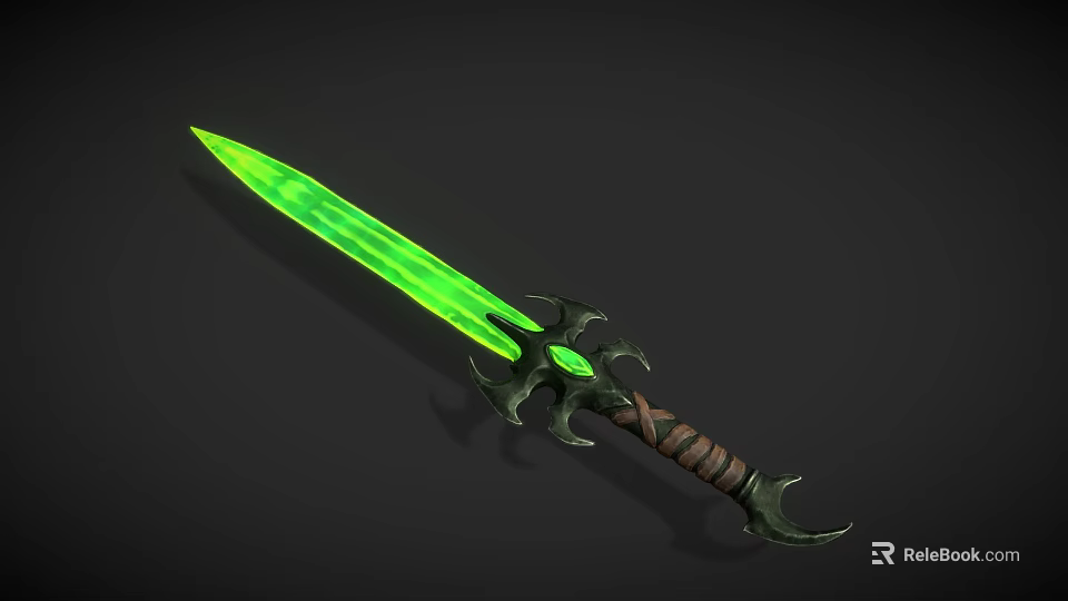 Fantasy Glowing Sword With Green Blade Black Ornate Hilt And Brown Leather Handle 3d model 