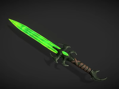 Fantasy Glowing Sword With Green Blade Black Ornate Hilt And Brown Leather Handle 3d model