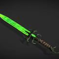 Fantasy Glowing Sword With Green Blade Black Ornate Hilt And Brown Leather Handle