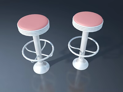 Two White Bar Stools With Pink Seats And Metal Ring Design On Dark Background 3d model