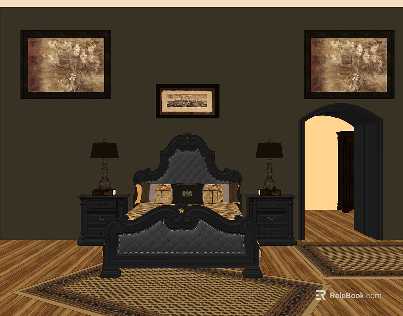 Classic Black Tufted Double Bed With Nightstands Lamps Framed Paintings Wooden Floor And Area Rug 3d model 