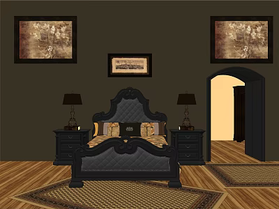 Classic Black Tufted Double Bed With Nightstands Lamps Framed Paintings Wooden Floor And Area Rug 3d model