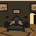 Classic Black Tufted Double Bed With Nightstands Lamps Framed Paintings Wooden Floor And Area Rug