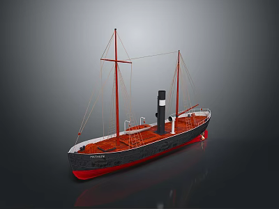Vintage Steamship Model With Two Masts Black Chimney And Red Hull 3d model