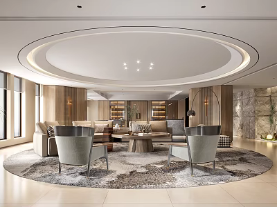 Modern Dining Living Room Interior With Round Ceiling Lighting Sofa And Coffee Table Rug 3d model
