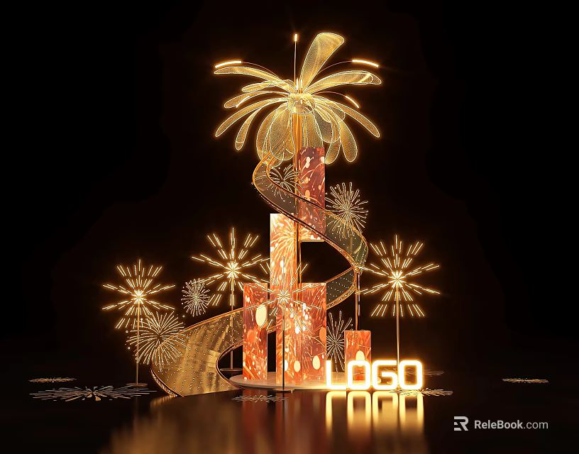 Golden Spiral Art Installation Featuring Illuminated Firework Shaped Lights And LOGO 3d model 