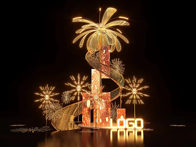 Golden Spiral Art Installation Featuring Illuminated Firework Shaped Lights And LOGO 3d model