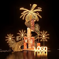 Golden Spiral Art Installation Featuring Illuminated Firework Shaped Lights And LOGO