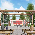 Rural Public Activity Square With Wooden Stage Benches Cultural Display And Green Surroundings