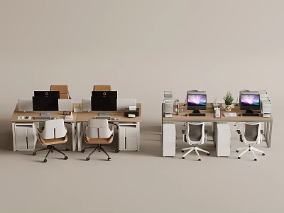Office Desk and Chair Set with Computer Monitors Office Supplies and Potted Plant 3d model