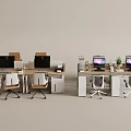 Office Desk and Chair Set with Computer Monitors Office Supplies and Potted Plant
