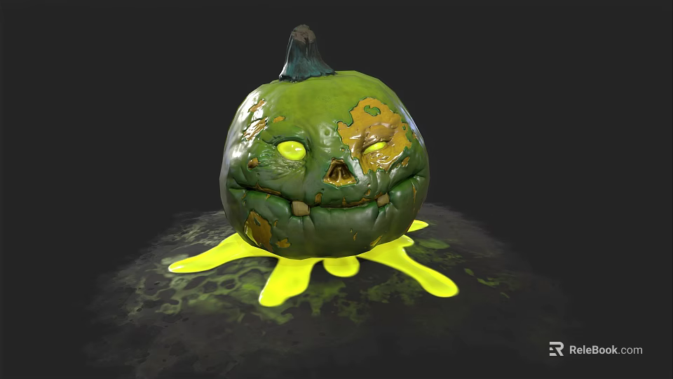Green Pumpkin Vegetable With Carved Smiley Face Yellow Liquid And Mottled Surface 3d model 