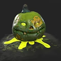 Green Pumpkin Vegetable With Carved Smiley Face Yellow Liquid And Mottled Surface