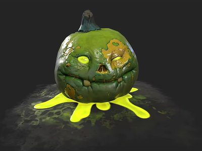 Green Pumpkin Vegetable With Carved Smiley Face Yellow Liquid And Mottled Surface 3d model