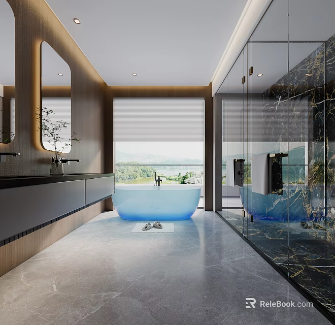 Modern Bathroom Design With Wooden Accents Marble Details Blue Bathtub Glass Shower And Scenic View Through Large Window 3d model 