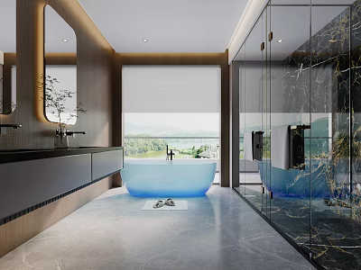Modern Bathroom Design With Wooden Accents Marble Details Blue Bathtub Glass Shower And Scenic View Through Large Window 3d model