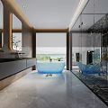 Modern Bathroom Design With Wooden Accents Marble Details Blue Bathtub Glass Shower And Scenic View Through Large Window