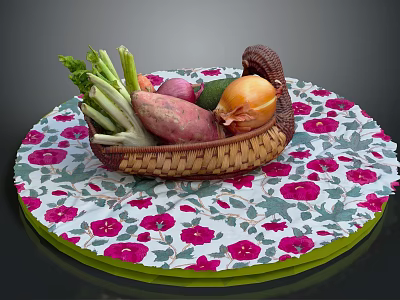 Fresh Vegetables in Wicker Basket on Pink Floral Tablecloth with Beets Sweet Potatoes Onions and Celery 3d model