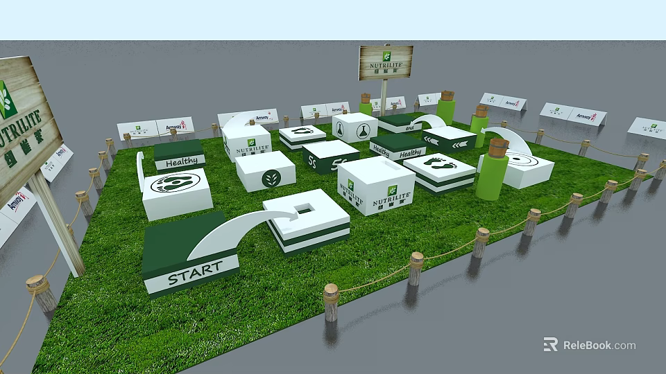 Outdoor Interactive Area With Green Grass White Boxes And Start Sign 3d model 