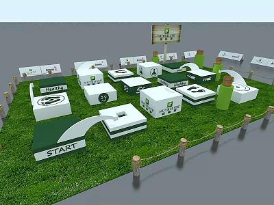 Outdoor Interactive Area With Green Grass White Boxes And Start Sign 3d model