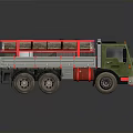 Green Truck with Red Railings in Cargo Bed Loaded with Oil Drums and Wooden Crates 3d model