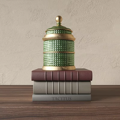 Decorative Ornament Set With Green Gold Accented Jar On Stacked Books Wooden Table Beige Wall 3d model