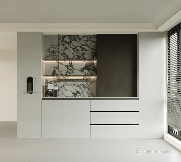 Modern Luxury Sideboard Design Featuring Marble Surface White Dark Cabinets And LED Lights 3d model