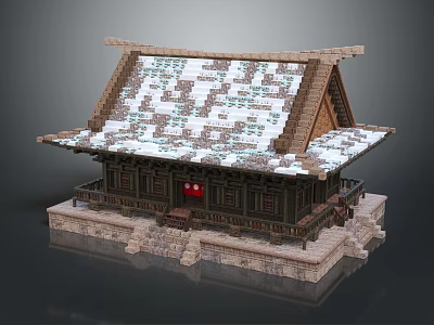 Traditional Ancient Architecture With Snow Covered Roof Wooden Frame Stone Steps And Red Door 3d model