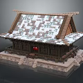 Traditional Ancient Architecture With Snow Covered Roof Wooden Frame Stone Steps And Red Door