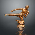 Golden Male Sculpture Displaying Dynamic Kicking Pose with Shiny Base and Dark Background