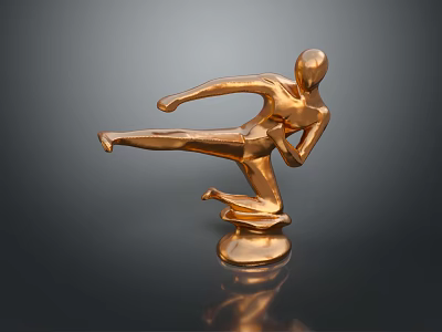 Golden Male Sculpture Displaying Dynamic Kicking Pose with Shiny Base and Dark Background 3d model