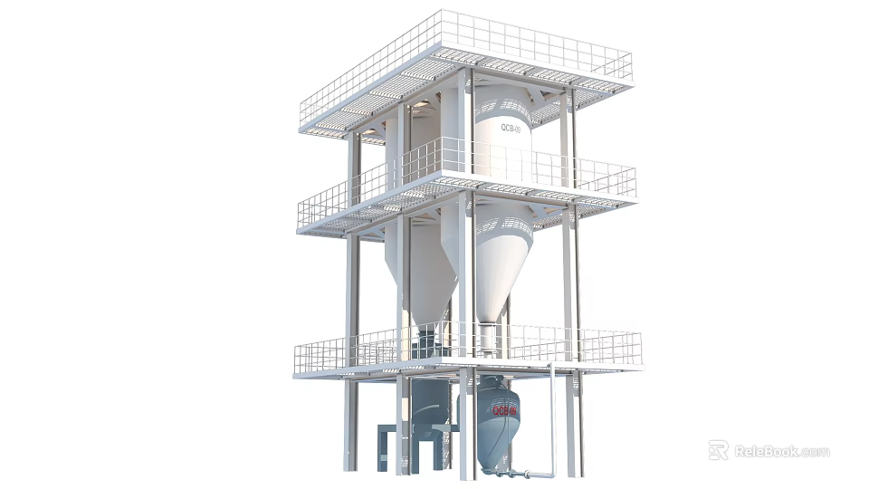 Multi Level Industrial Silo System With Metal Frame Platforms And Conical Tanks 3d model