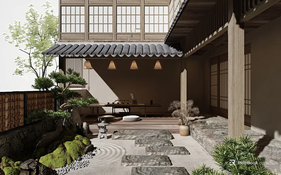 Traditional Japanese Garden Landscape With Stone Path Zen Dry Landscape And Wooden Eaves 3d model 