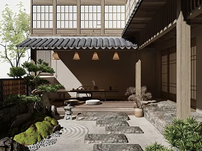 Traditional Japanese Garden Landscape With Stone Path Zen Dry Landscape And Wooden Eaves 3d model